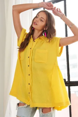 Yellow Raw Hem Collared Neck Button Down Shirt
