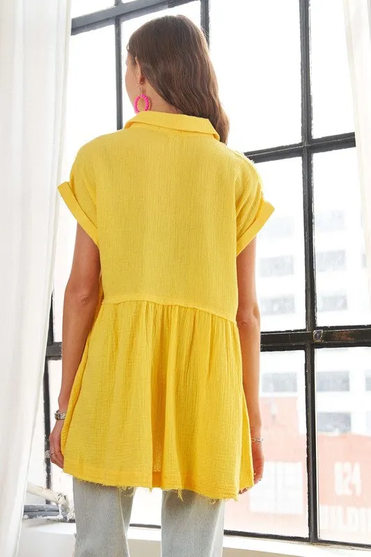 Yellow Raw Hem Collared Neck Button Down Shirt