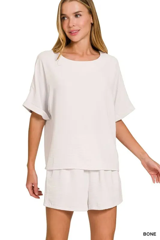 Zenana Woven Airflow Top & Shorts Set