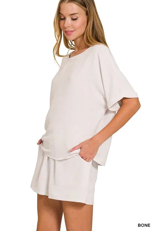 Zenana Woven Airflow Top & Shorts Set